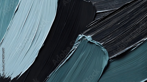Abstract oil paint strokes in teal, blue, and black shades on canvas