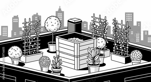 Urban Rooftop Garden with Various Potted Plants and Raised Beds.