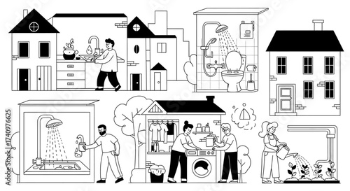 Water usage and conservation in daily life activities.