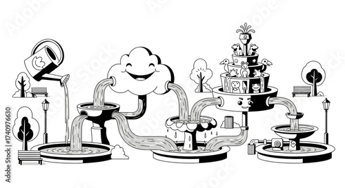 Whimsical Cloud and Fountain System Illustration.