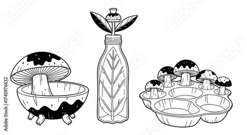 Whimsical Mushroom Objects and Bottle Illustration.
