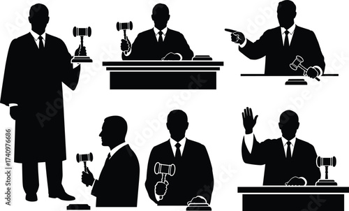 Judge silhouettes, gavel authority, courtroom justice, legal decision, lawyer figure, judicial power, law symbol, trial process, oath taking, legal system