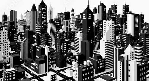 A detailed black and white cityscape with numerous skyscrapers and buildings.