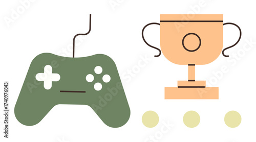 Green gaming controller beside a gold trophy and dots symbolize gaming, competition, victory, achievement, eSports, rewards, and hobbies. Ideal for gaming, success tech leisure skills simple flat