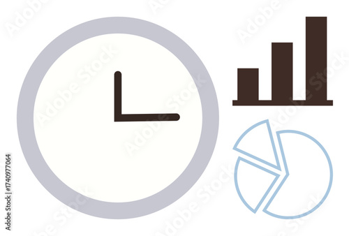 Clock for time, bar chart for progress, pie chart for data breakdown. Ideal for productivity, planning, analytics, efficiency, time tracking business strategy performance review. Simple flat