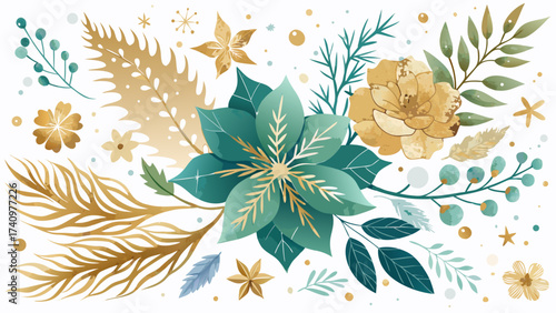 Elegant teal and gold floral arrangement with poinsettia and berries