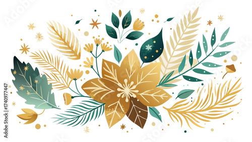 Elegant gold and teal floral arrangement with tropical leaves