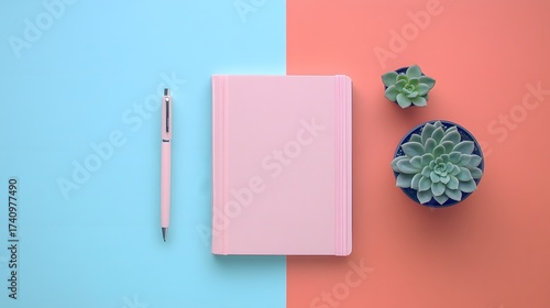 Top view of pink notebook, pen, succulent plants on split color background.