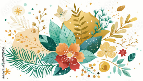 Vibrant floral arrangement with tropical leaves and berries