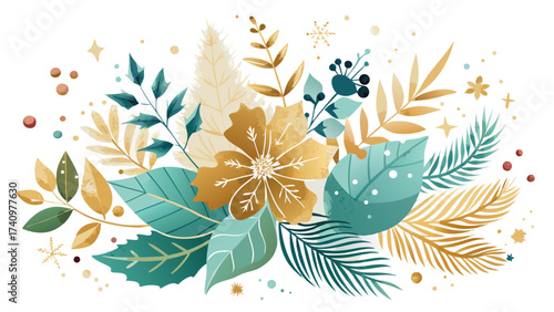 Elegant winter floral arrangement with gold and teal accents