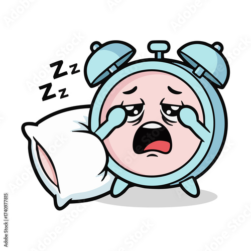 Cartoon Alarm Clock Tired and Rubbing Eyes with Pillow