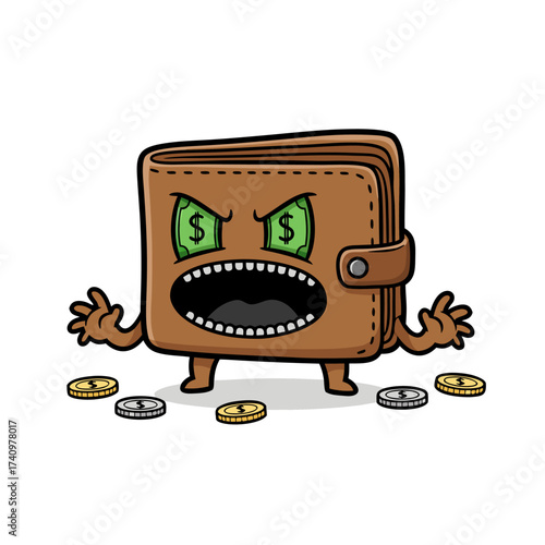 Aggressive Wallet Monster with Money Eyes and Scattered Coins