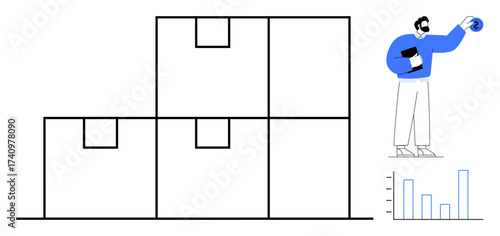 Stacked boxes representing inventory with an analyst reviewing charts and holding a globe and tablet. Ideal for logistics, inventory management, supply chain, analytics, global trade, data insights
