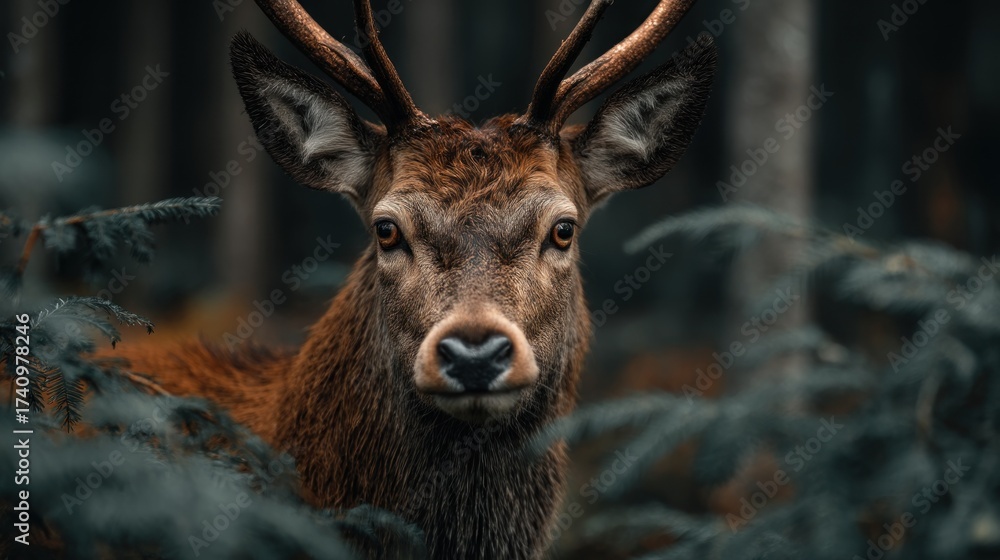 Fototapeta premium Captivating gaze of a majestic stag amidst the serene forest foliage