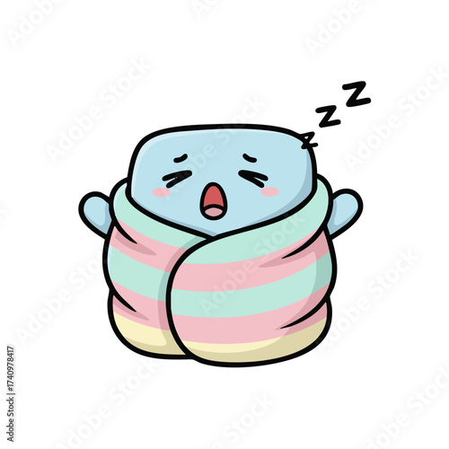 Sleepy Marshmallow Cartoon Character Wrapped in Blanket