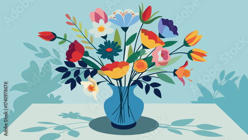 Vibrant bouquet of colorful flowers in a blue vase on a table