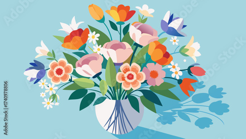 Vibrant bouquet of colorful flowers in a white vase against a light blue background