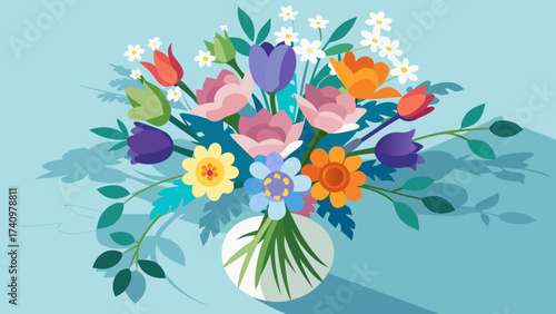 Colorful spring bouquet of flowers in a white vase with shadows