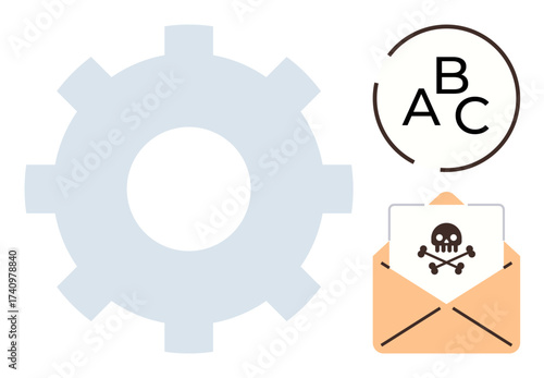 Large gear, phishing email with skull and crossbones, and typography symbols. Ideal for cybersecurity, IT systems, online safety, malware threat, phishing awareness, technical strategy simple flat