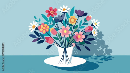 Colorful flat design bouquet of flowers in a white vase on a blue background