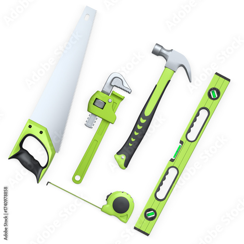 Various hand tools such as saw, screwdriver, hammer, wrench, pliers, and level isolated on white background with clipping path