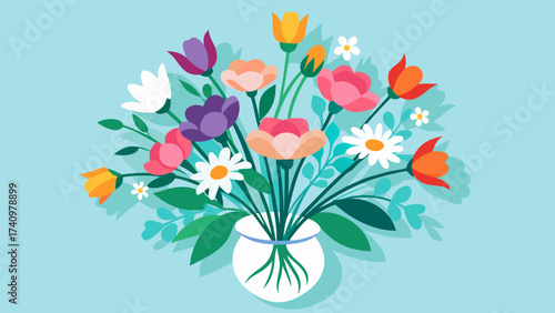 Colorful bouquet of flowers in a white vase on a light blue background