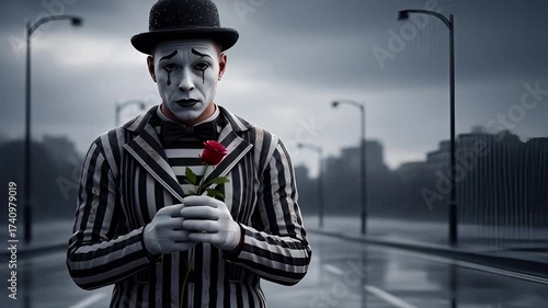 Melancholy mime on a rainy street holding a rose representing emotional vulnerability