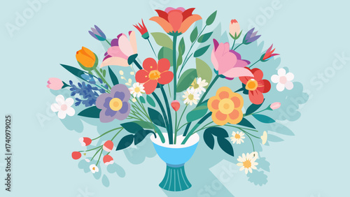Colorful flat design bouquet of flowers in a blue vase