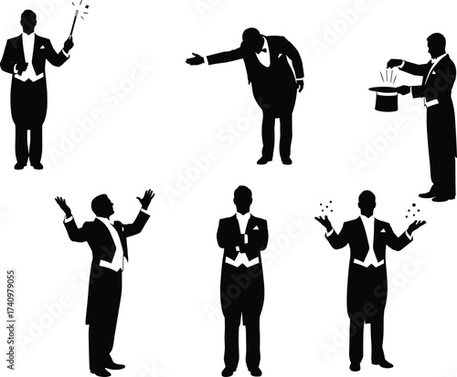 Magician silhouettes, stage performance, magic trick, wand gesture, top hat illusion, juggling sparkle, bowing pose, entertainment show, conjuring act, mystery, fantasy