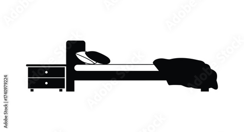 Simple silhouette of a bed with a nightstand and bedding suggesting comfort rest and bedroom furniture design ideas