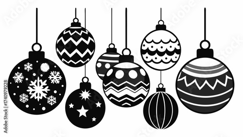 Collection of black and white christmas ornaments with various patterns