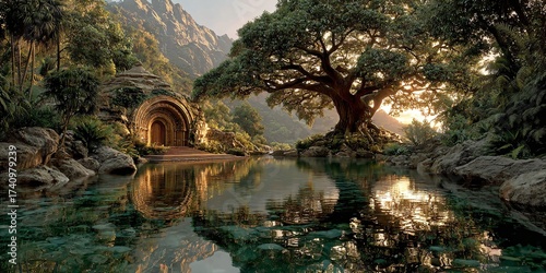 mysterious temple hidden in the tropical rainforest river landscape, sacred tree of life deep in the jungle, phantastic tropical paradise with ancient temple and river