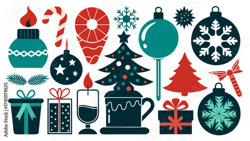 Festive christmas icons in red and teal colors