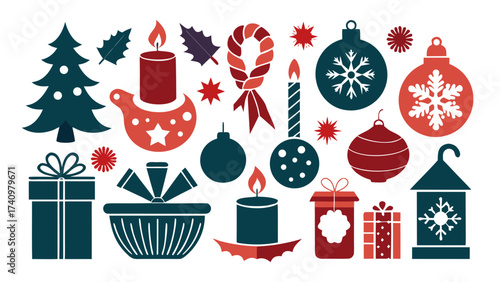 Collection of festive christmas icons in red and teal colors