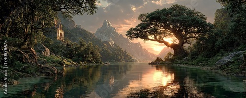 mysterious temple hidden in the tropical rainforest river landscape, sacred tree of life deep in the jungle, phantastic tropical paradise with ancient temple and river
