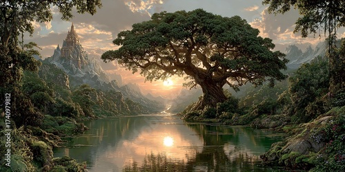 mysterious temple hidden in the tropical rainforest river landscape, sacred tree of life deep in the jungle, phantastic tropical paradise with ancient temple and river