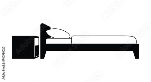 Simple line art icon of a bed with a nightstand furniture piece for bedroom interior design and home decor concepts