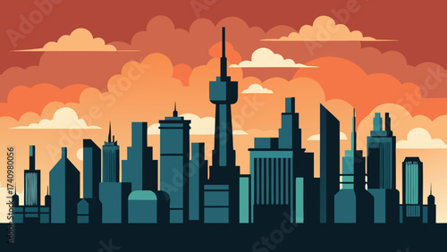 Modern city skyline silhouette at sunset with dramatic clouds