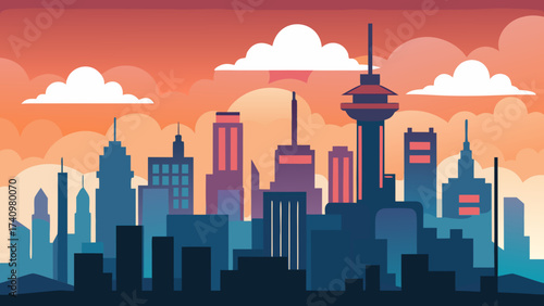 Vibrant cityscape silhouette at sunset with stylized clouds