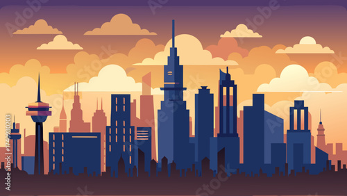 Modern city skyline at sunset with dramatic clouds