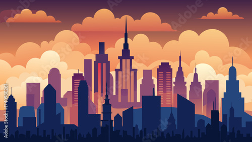 Stylized city skyline at sunset with dramatic clouds