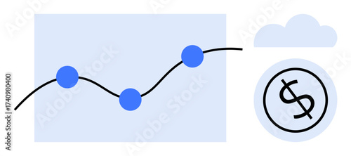 Line graph with blue data points tracking growth, dollar sign symbolizing financial success, cloud icon. Ideal for finance, investment, economics, growth, analytics profit business trends. Simple