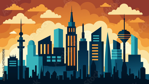 Stylized cityscape silhouette with geometric buildings and clouds