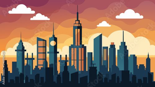 Modern city skyline at sunset with clouds and skyscrapers