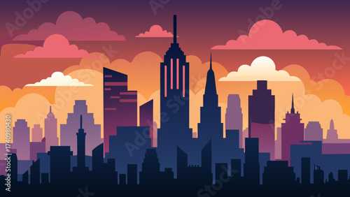 Stylized city skyline at sunset with dramatic clouds