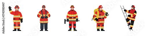 Firefighter Illustrations Diverse Poses Depicting Safety and Emergency Response