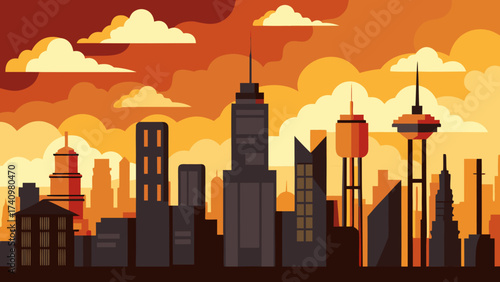 Modern cityscape silhouette at sunset with orange clouds