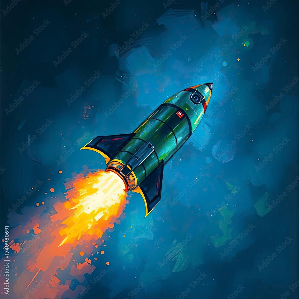 Fototapeta premium Low angle perspective glowing bioluminescent colors classic oil painting rocket