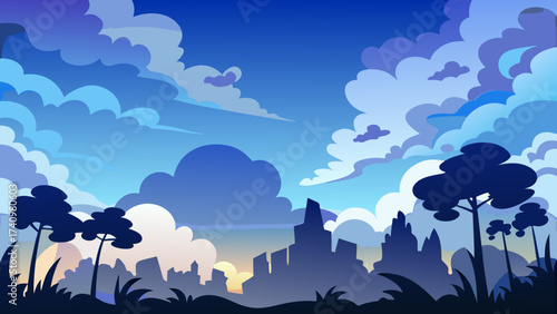 Stylized cityscape silhouette against a dramatic cloudy blue sky at dawn