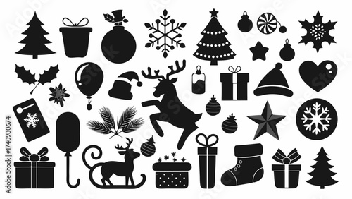 Collection of black christmas icons and silhouettes on white background